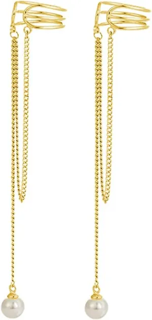 SLUYNZ 925 Sterling Silver No Piercing Cuff Earrings Chain for Women Wrap Earrings Pearl Tassel Clip On Ear
