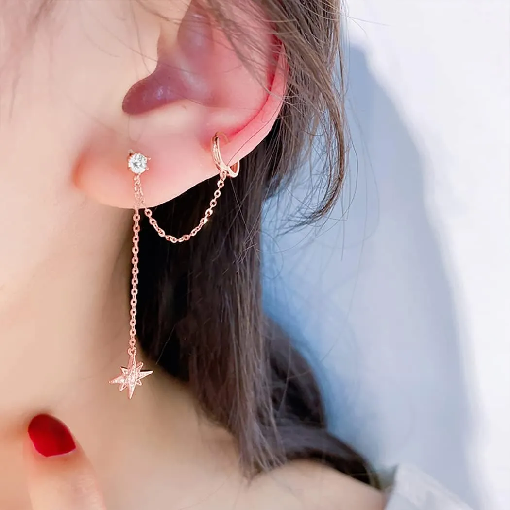 SLUYNZ 925 Sterling Silver Small Hoop Cuff Earrings Wrap for Women Double Piercing Earrings Chain Cartilage Helix Earrings Star Tassel