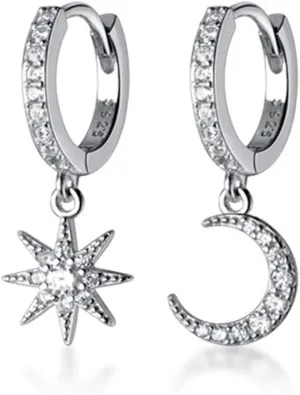 SLUYNZ 925 Sterling Silver Sparkling CZ Star Moon Small Hoop Earrings for Women Teens Asymmetric Star Moon Huggie Earrings