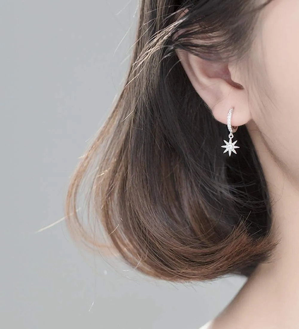 SLUYNZ 925 Sterling Silver Sparkling CZ Star Moon Small Hoop Earrings for Women Teens Asymmetric Star Moon Huggie Earrings