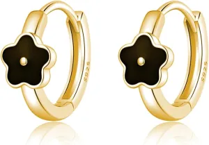 SLUYNZ Solid 925 Sterling Silver Black Flower Earrings Hoop for Women Teens Small Flower Hoop Earrings Huggie