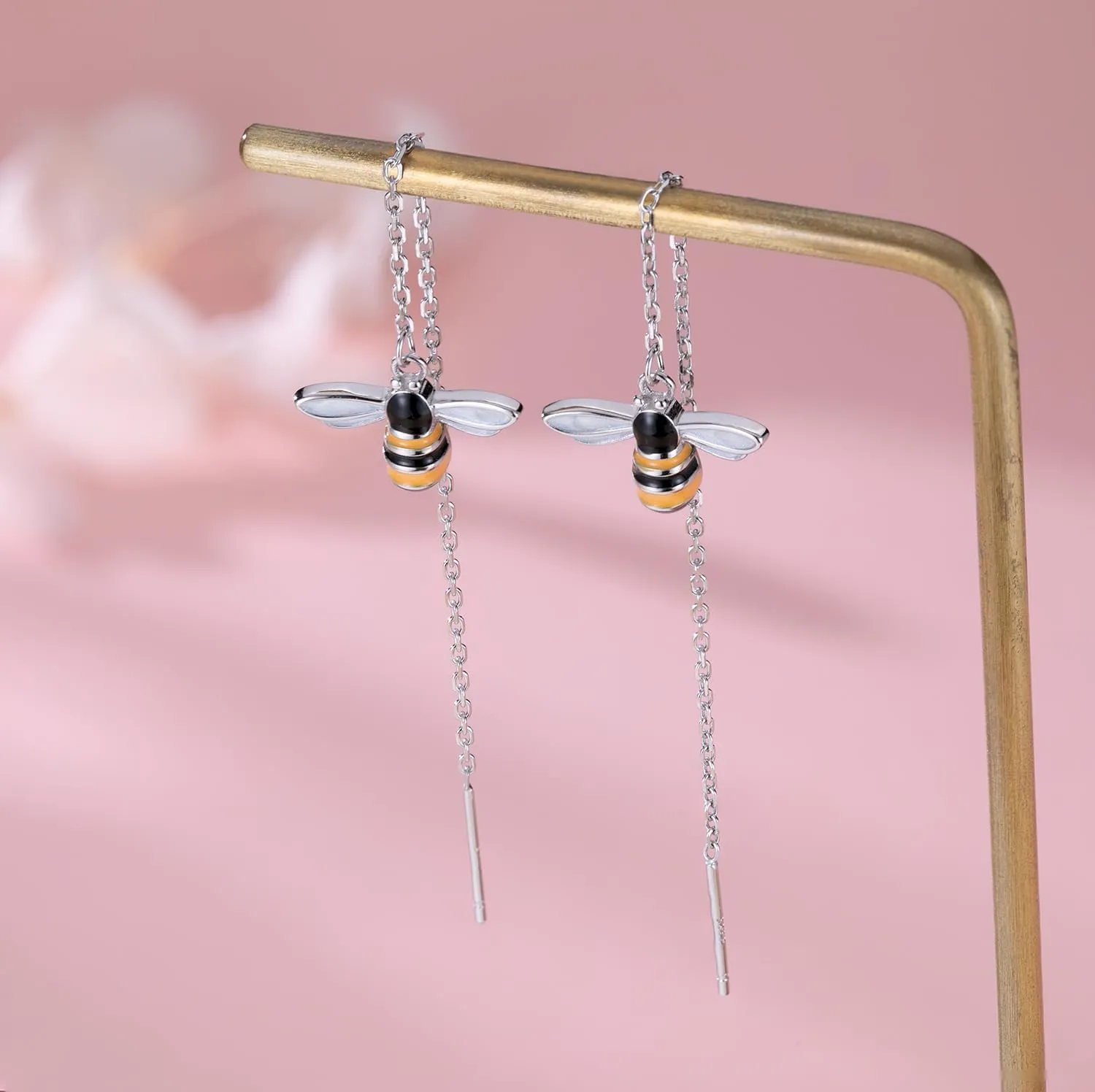 SLUYNZ Solid 925 Sterling Silver Bumble Bee Dangle Earrings for Women Teens Honey Bee Drop Earrings Threader Tassel Chain