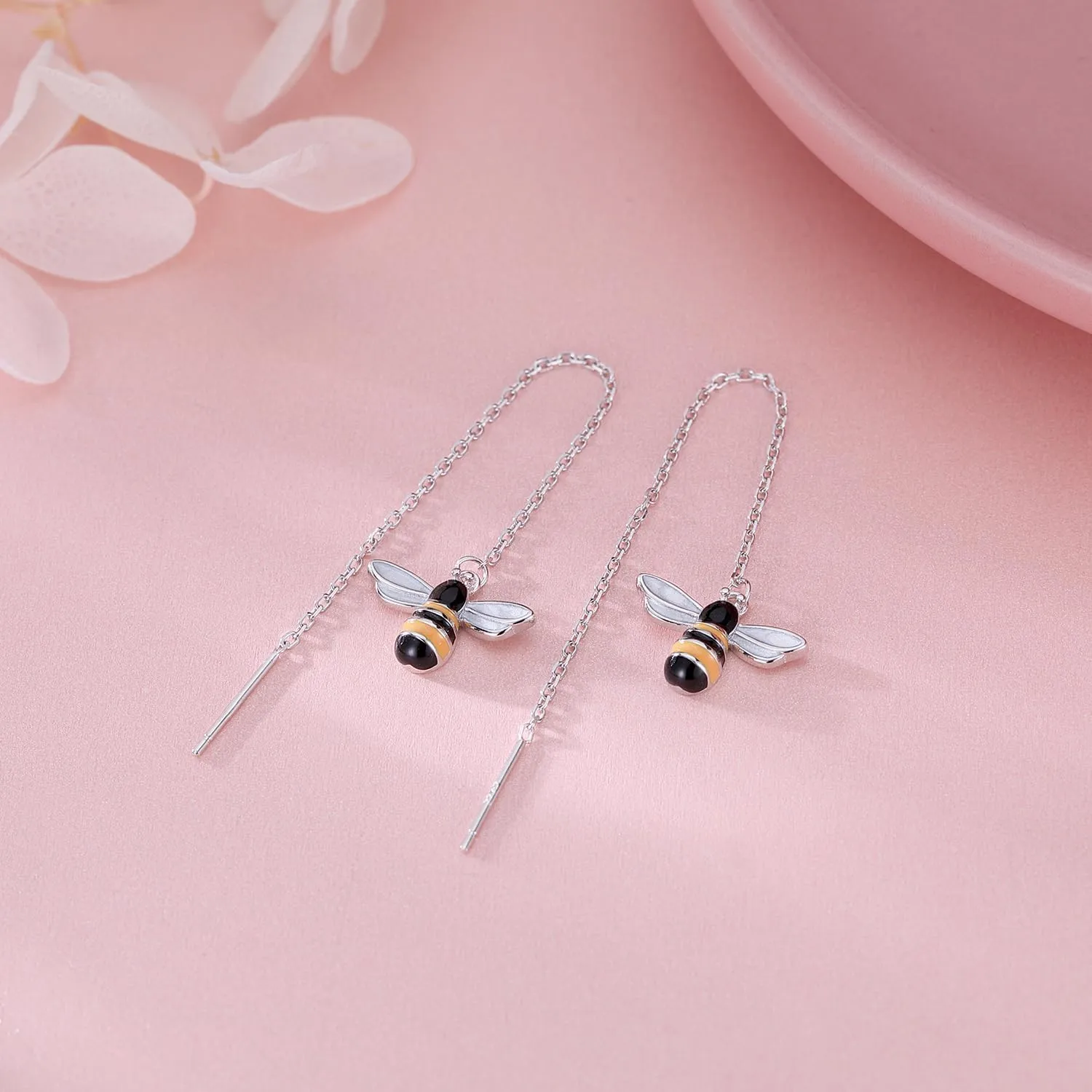 SLUYNZ Solid 925 Sterling Silver Bumble Bee Dangle Earrings for Women Teens Honey Bee Drop Earrings Threader Tassel Chain