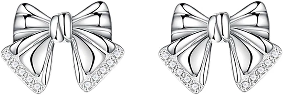 SLUYNZ Solid 925 Sterling Silver CZ Bow Post Earrings Studs for Women Teens Cute Bowknot Stud Earrings