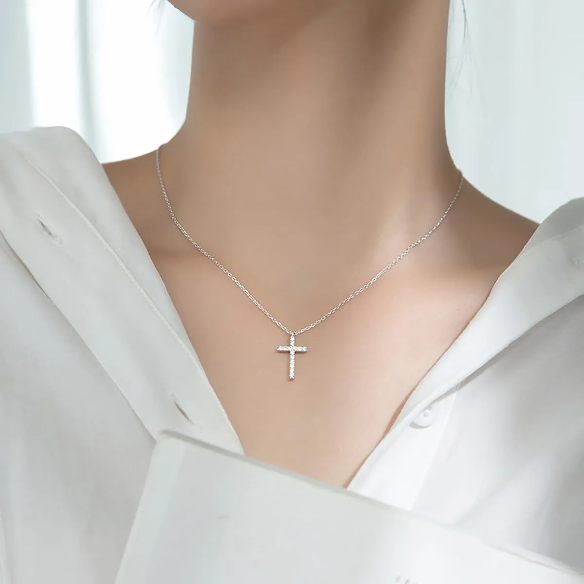 SLUYNZ Solid 925 Sterling Silver CZ Cross Choker Necklace for Women Teens Cross Pendant Necklace