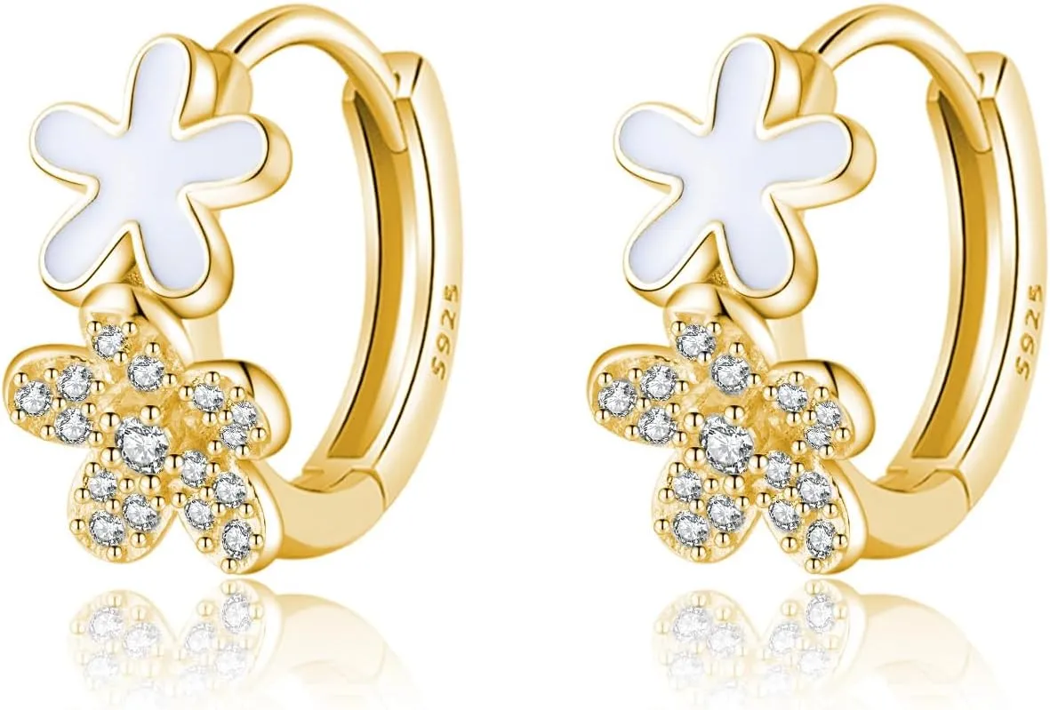 SLUYNZ Solid 925 Sterling Silver CZ Flower Hoop Earrings for Women Teens Double Flower Hoop Earrings Huggie