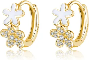 SLUYNZ Solid 925 Sterling Silver CZ Flower Hoop Earrings for Women Teens Double Flower Hoop Earrings Huggie