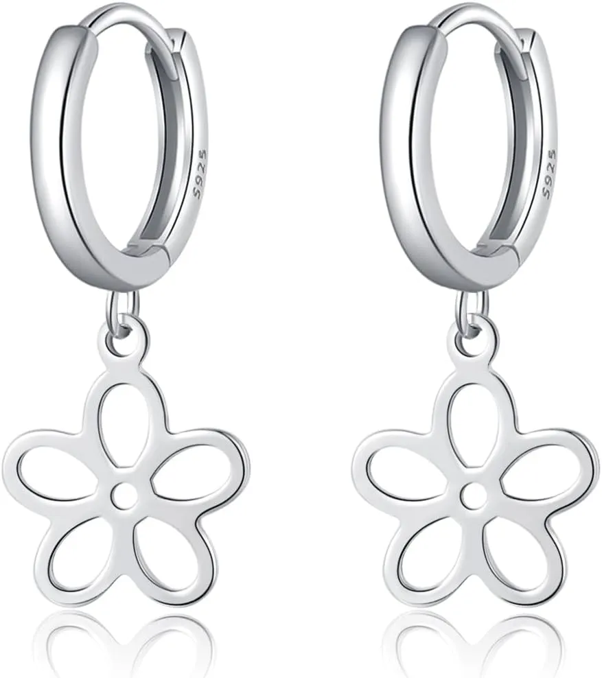 SLUYNZ Solid 925 Sterling Silver Flower Hoop Earrings for Women Teens Hollow Flower Hoop Earrings Huggie