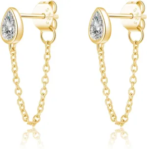 SLUYNZ Sterling Silver CZ Teardrop Chain Dangle Earrings for Women Teens Minimalist Droplet Earrings Tassel Studs Chain