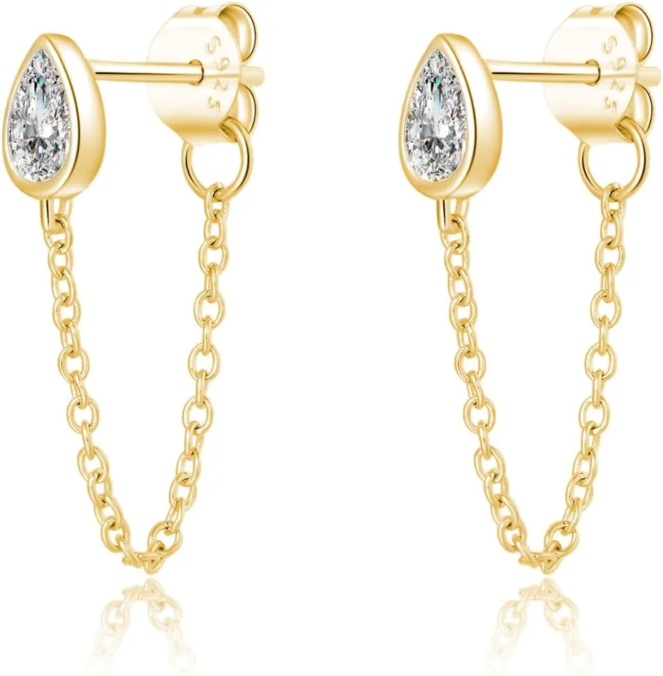 SLUYNZ Sterling Silver CZ Teardrop Chain Dangle Earrings for Women Teens Minimalist Droplet Earrings Tassel Studs Chain