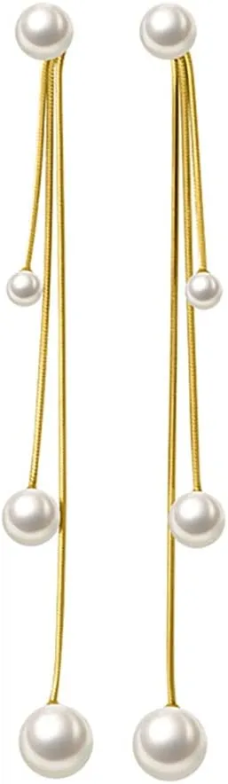 SLUYNZ Sterling Silver Pearls Dangle Earrings Chain for Women Teens Wedding Dangle Earrings Long Tassel