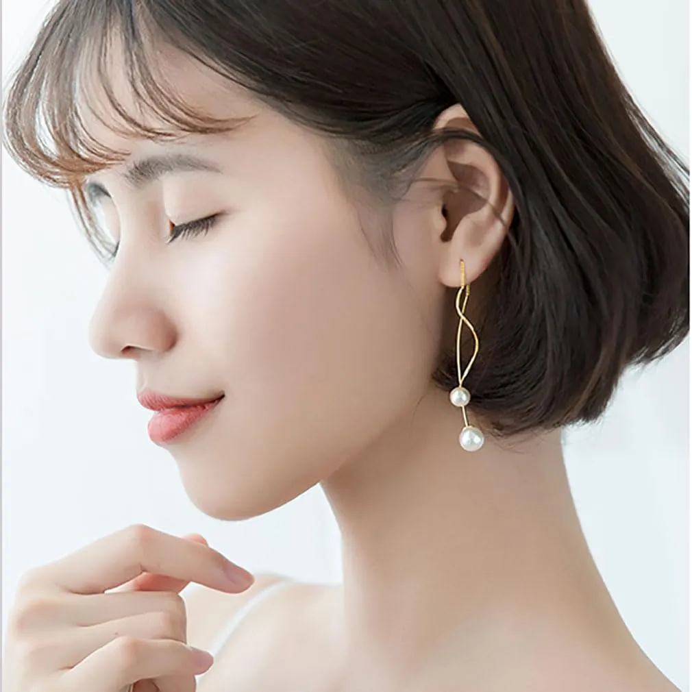 SLUYNZ Sterling Silver Pearls Dangle Earrings Curve Chain for Women Girls Pearls Threader Wedding Earrings for Brides