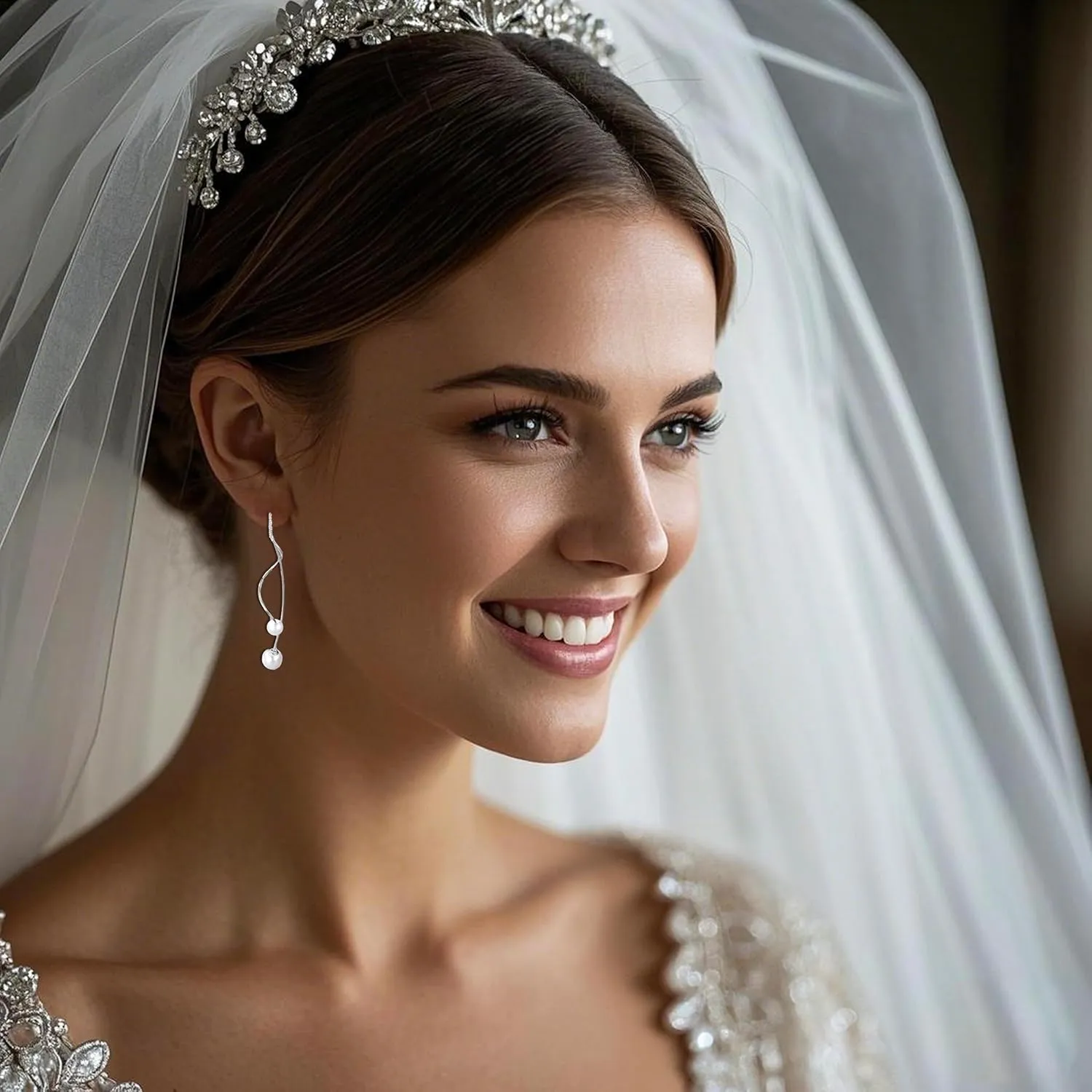 SLUYNZ Sterling Silver Pearls Dangle Earrings Curve Chain for Women Girls Pearls Threader Wedding Earrings for Brides
