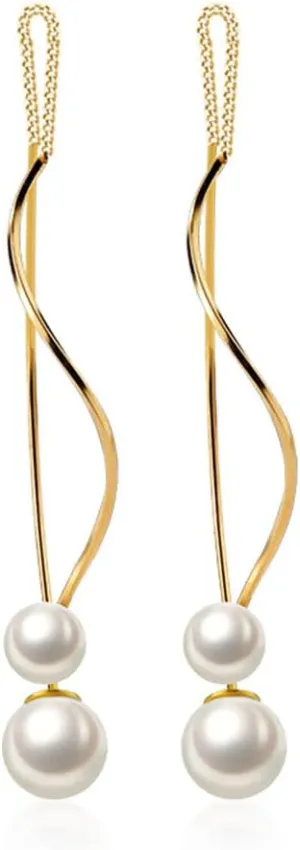 SLUYNZ Sterling Silver Pearls Dangle Earrings Curve Chain for Women Girls Pearls Threader Wedding Earrings for Brides