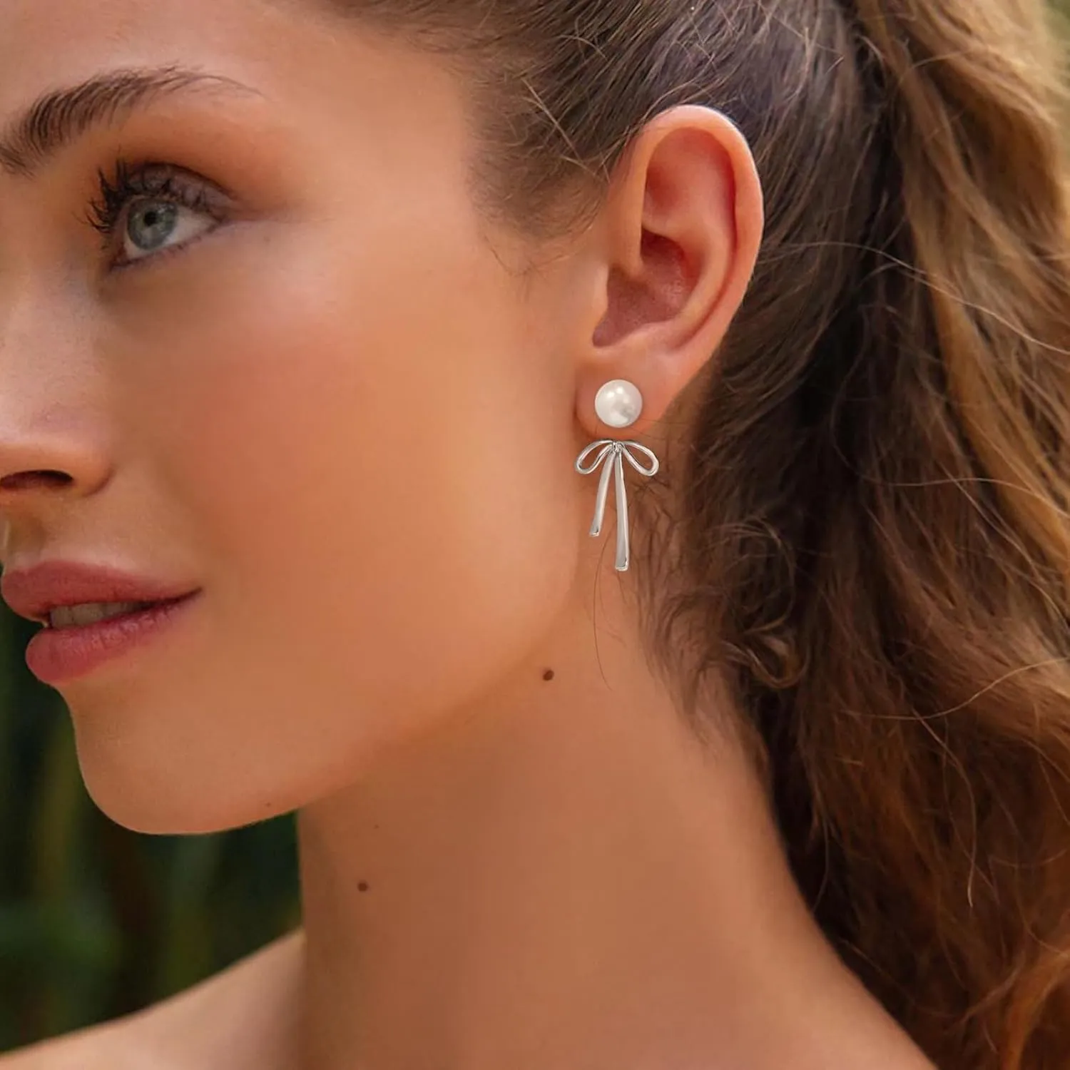 Small Gold Silver Pearl Bow Earrings for Women Trendy 925 Sterling Silver Post Dainty 14k Gold Plated Bow Dangle Earrings for Women