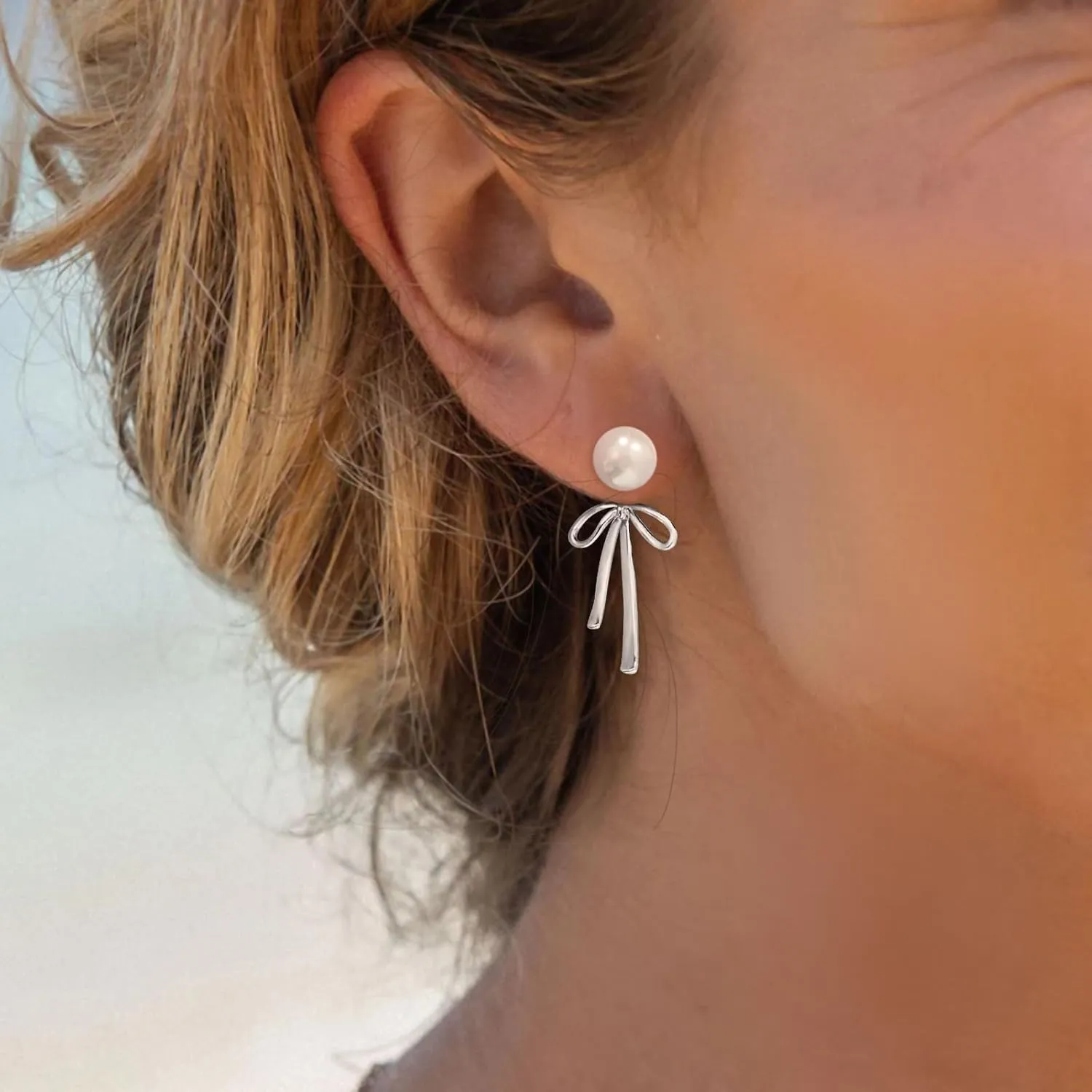 Small Gold Silver Pearl Bow Earrings for Women Trendy 925 Sterling Silver Post Dainty 14k Gold Plated Bow Dangle Earrings for Women