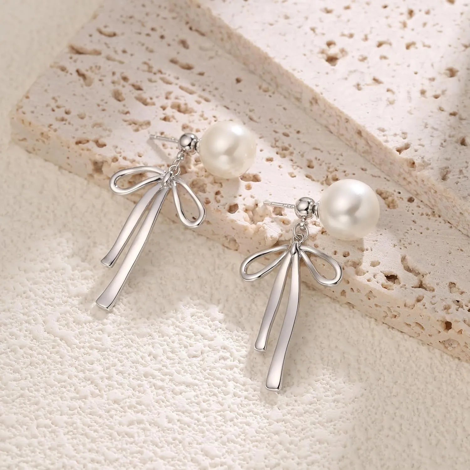Small Gold Silver Pearl Bow Earrings for Women Trendy 925 Sterling Silver Post Dainty 14k Gold Plated Bow Dangle Earrings for Women
