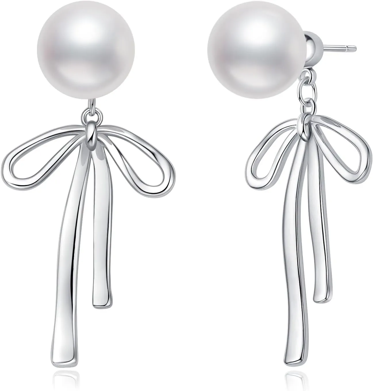 Small Gold Silver Pearl Bow Earrings for Women Trendy 925 Sterling Silver Post Dainty 14k Gold Plated Bow Dangle Earrings for Women