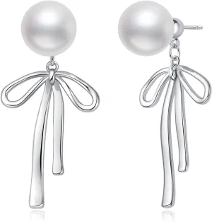 Small Gold Silver Pearl Bow Earrings for Women Trendy 925 Sterling Silver Post Dainty 14k Gold Plated Bow Dangle Earrings for Women