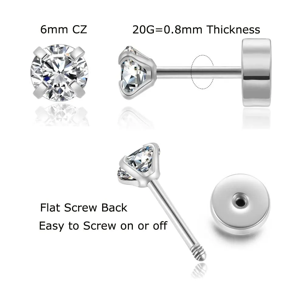Small Silver Flat Screw Back CZ Stud Earrings,20G Flatback Cubic Zirconia Studs for Women Girls Cartilage Helix Tragus Piercing Hypoallergenic (6mm CZ, Silver Earrings)