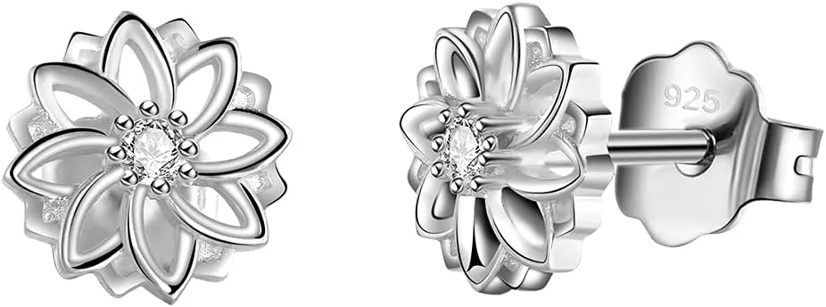 Solid 18K Gold Over 925 Sterling Silver Stud Earrings, Lotus Flower Yoga Stud Earrings/Silver Earrings, Gold Earrings for Women
