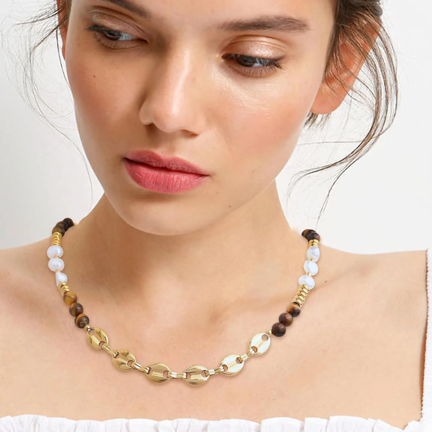 Sonateomber Natural Gemstone Beaded Boho Choker Necklaces for Women, Dainty Bohemian Handmade Crystal Stone Bead Gold Statement Chain Prom Accessories Jewelry Gift