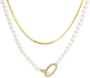 Sonateomber Pearl Layered Necklace Set for Women, Simple 2PCS Dainty 14K Gold Snake Choker Stack Rhinestone Interlock Necklaces Wedding Prom Fashion Jewelry Gift