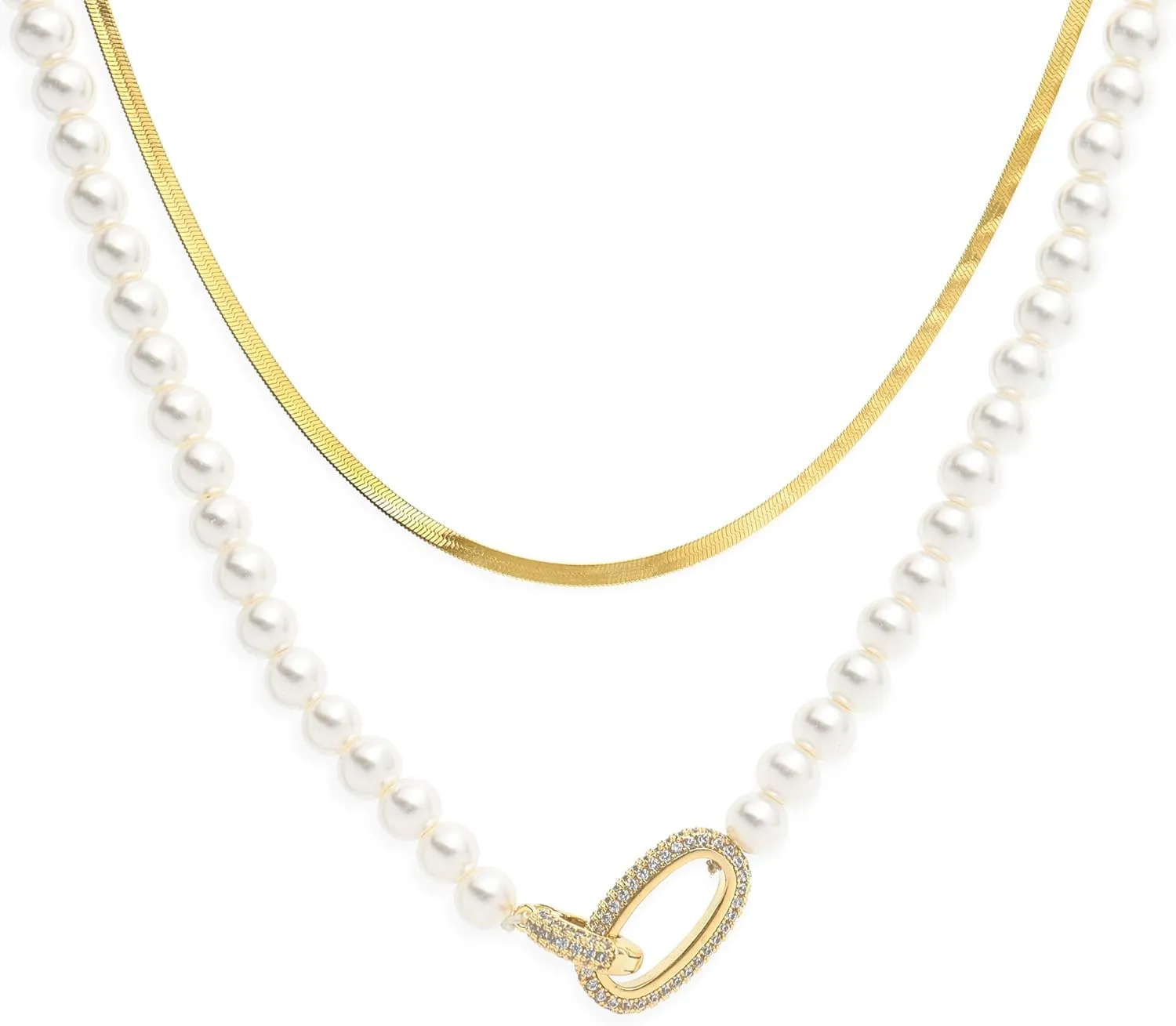 Sonateomber Pearl Layered Necklace Set for Women, Simple 2PCS Dainty 14K Gold Snake Choker Stack Rhinestone Interlock Necklaces Wedding Prom Fashion Jewelry Gift