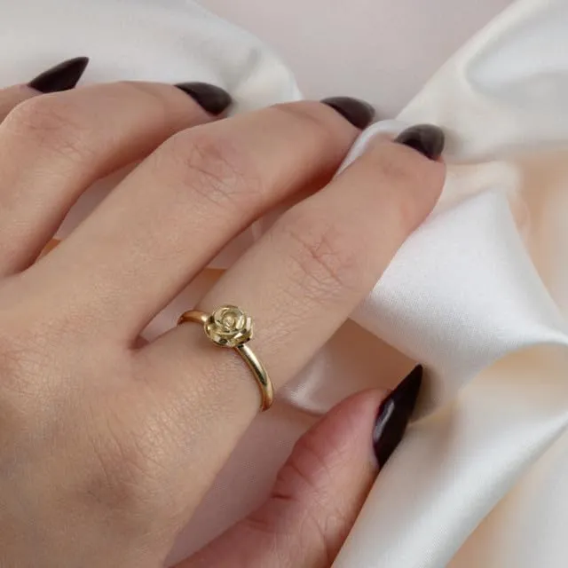 Sparkle Cut Rose Flower Fine Ring Real Solid 14K Gold