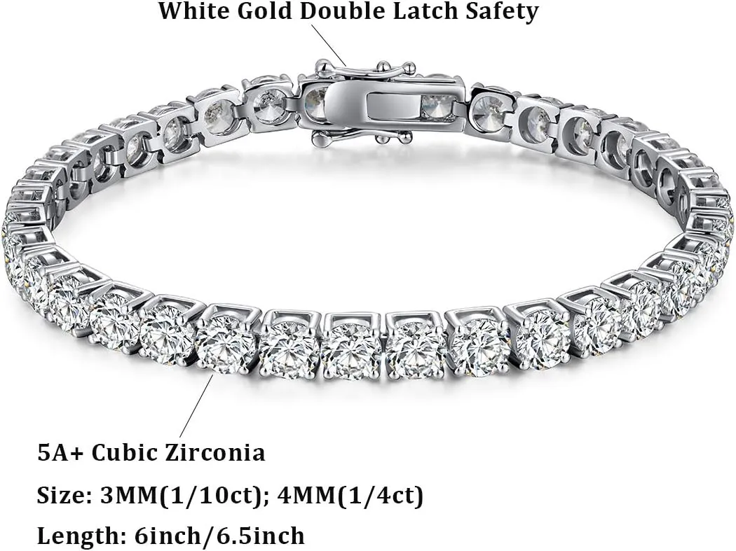 Sparkle Tennis Bracelet for Women, Platinum Plated 925 Sterling Silver Bracelet with CZ Diamond, Round Cut 5A Cubic Zirconia Diamond Bracelet,Gift Idea for Women