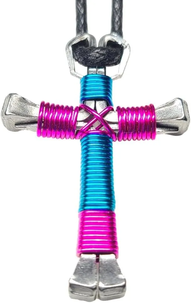 Sport Horseshoe Nail Cross Necklaces - You Pick Colors! (Peacock Blue & Hot Pink)