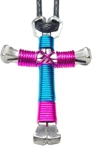 Sport Horseshoe Nail Cross Necklaces - You Pick Colors! (Peacock Blue & Hot Pink)