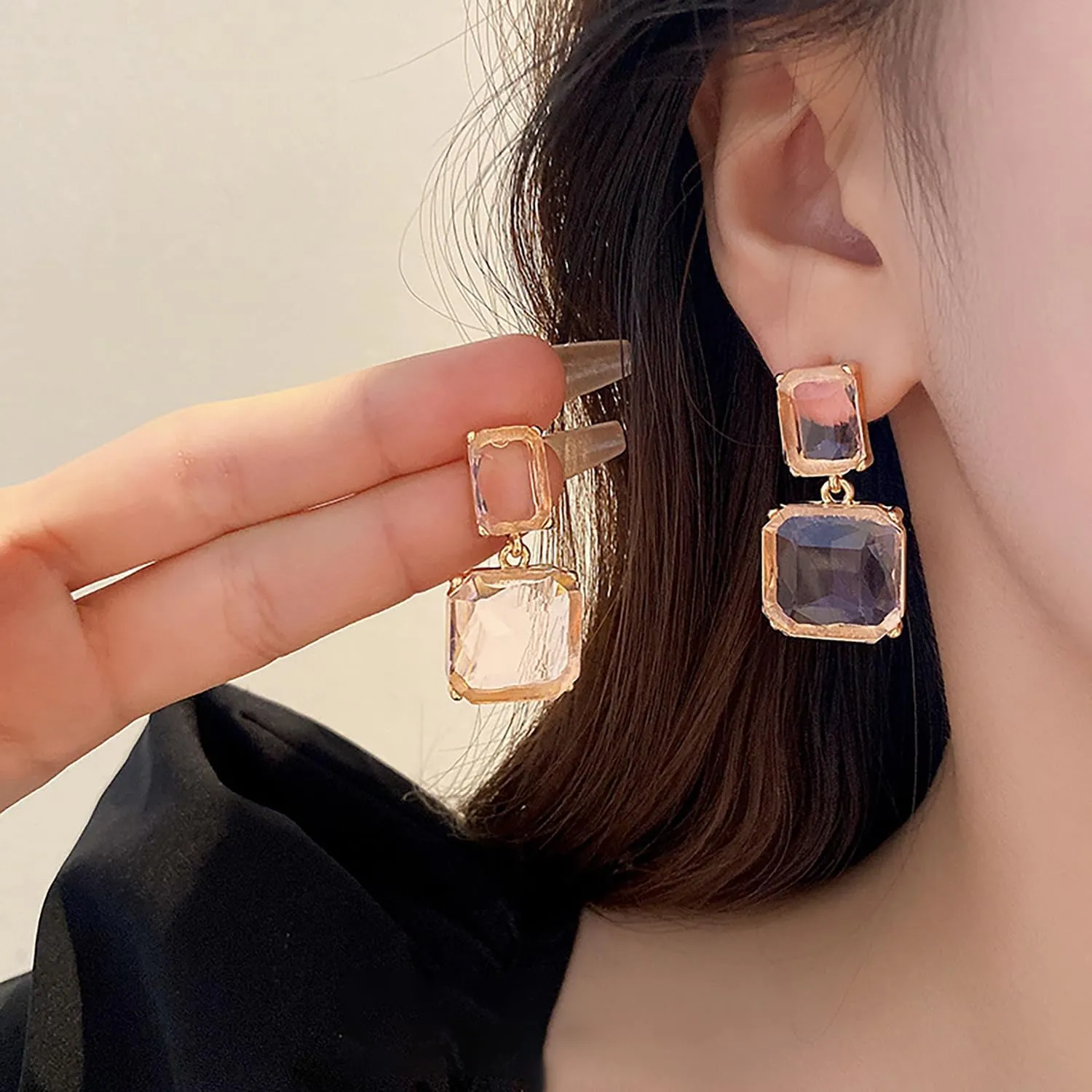 Square Crystal Earrings for Women Clear Earrings Pink Geometric Earrings Transparent Rectangle Drop Earrings Wedding Bridal Birthday Jewelry for Women
