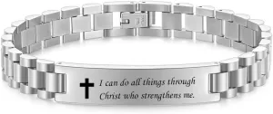 Stainless Steel I Can Do All Things Through Christ who Strengthens Me Prayer and Serenity Cross Inspirational Bracelets for Christmas Easter Fathers' Day Men Women