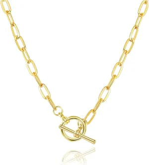Staligue Chunky Gold Necklace for Women Men 18K Gold Plated Layering Chain Necklaces Dainty Paperclip Cuban Link Toggle Necklace Statement T-bar Clasp Choker Necklace Jewelry