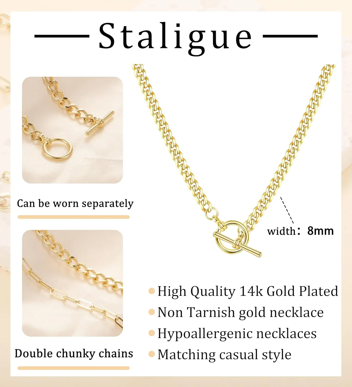 Staligue Chunky Gold Necklace for Women Men 18K Gold Plated Layering Chain Necklaces Dainty Paperclip Cuban Link Toggle Necklace Statement T-bar Clasp Choker Necklace Jewelry