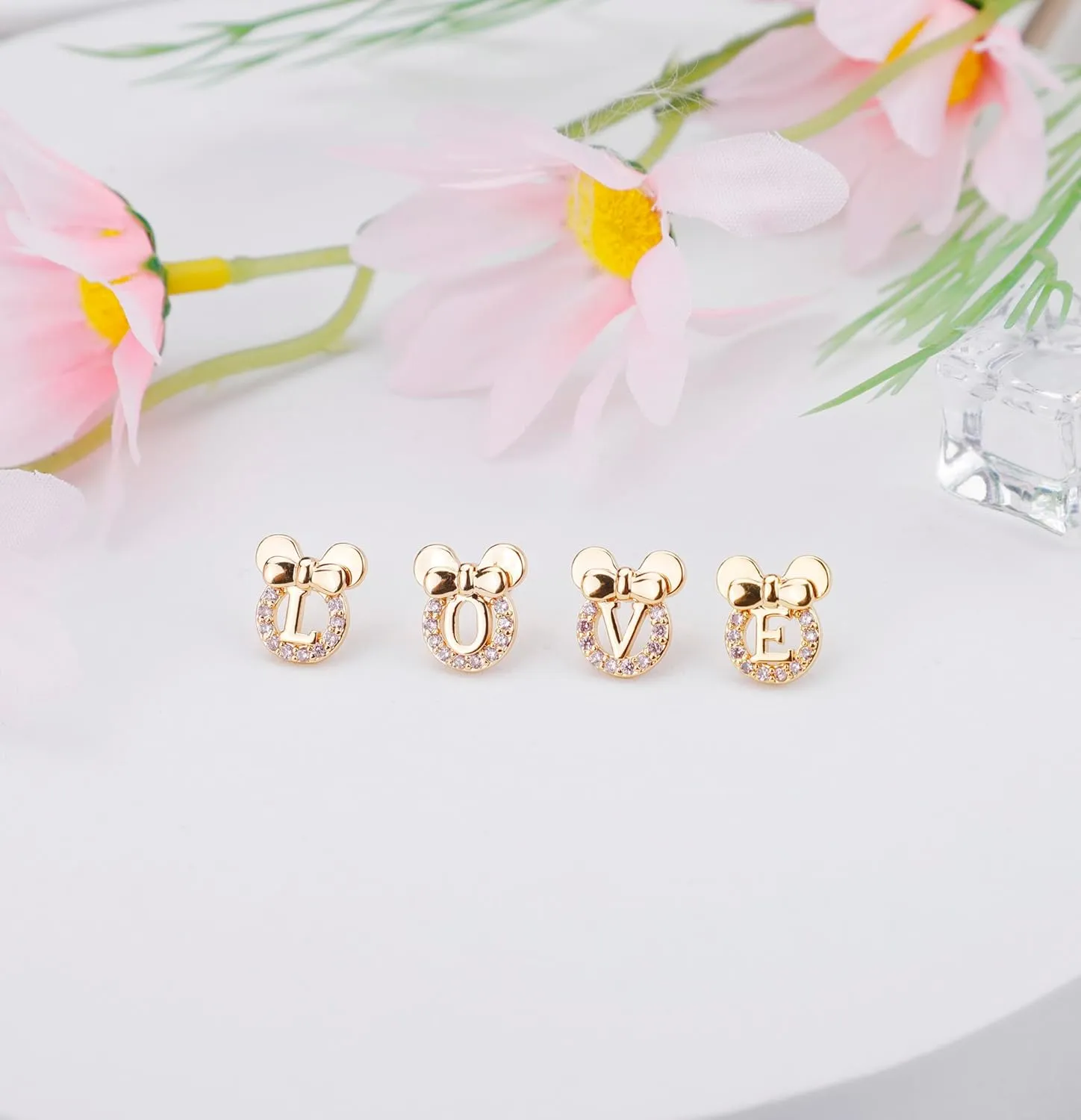 Staligue Initial Stud Earrings for Girls 925 Sterling Silver Pink Cubic Zirconia Alphabet Letter Earrings 14K Gold Plated Hypoallergenic Alphabet Initial Earrings