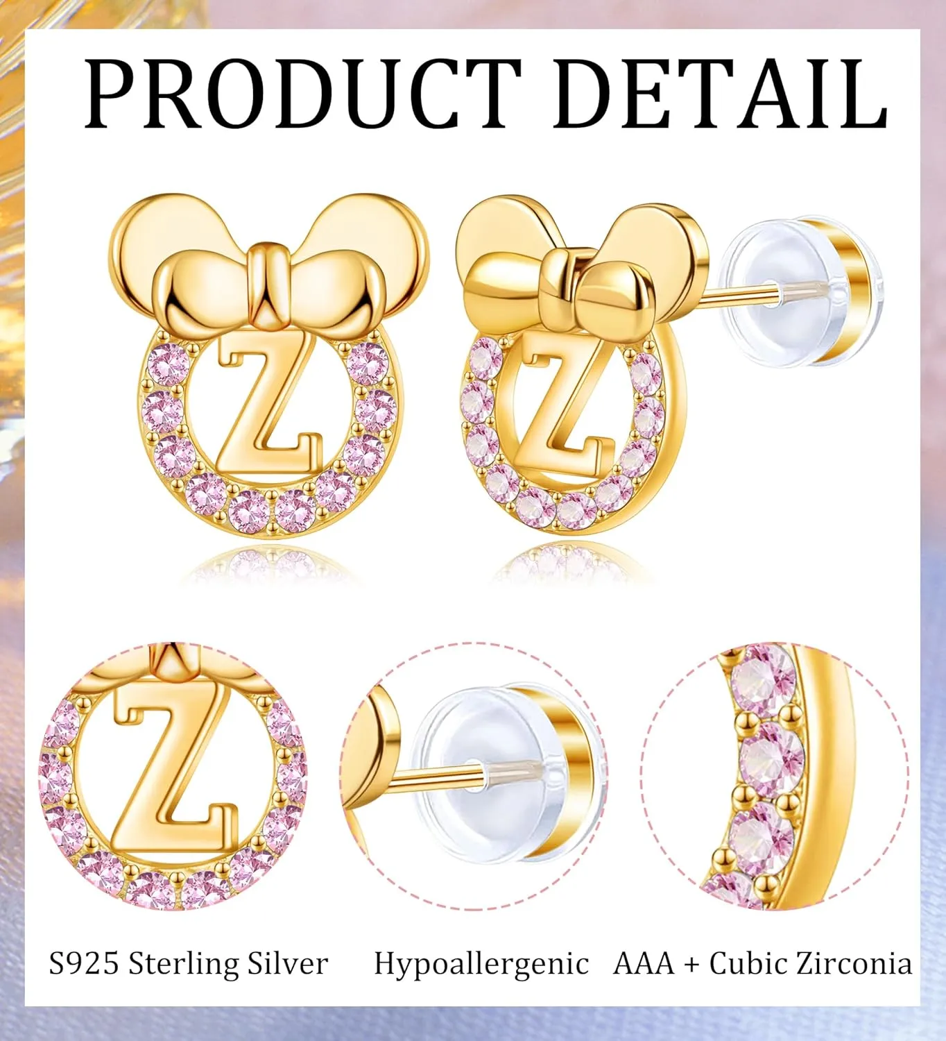 Staligue Initial Stud Earrings for Girls 925 Sterling Silver Pink Cubic Zirconia Alphabet Letter Earrings 14K Gold Plated Hypoallergenic Alphabet Initial Earrings
