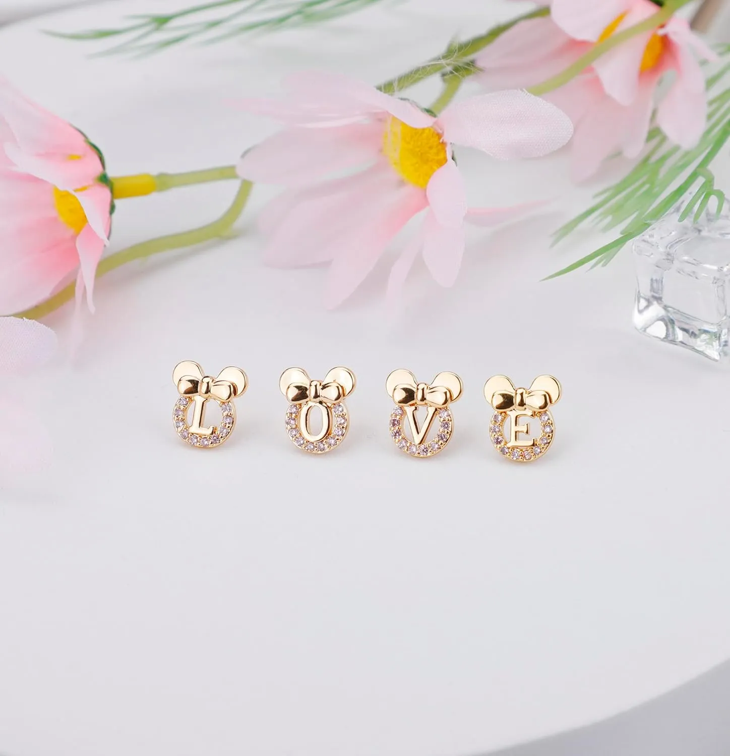 Staligue Initial Stud Earrings for Girls 925 Sterling Silver Pink Cubic Zirconia Alphabet Letter Earrings 14K Gold Plated Hypoallergenic Alphabet Initial Earrings