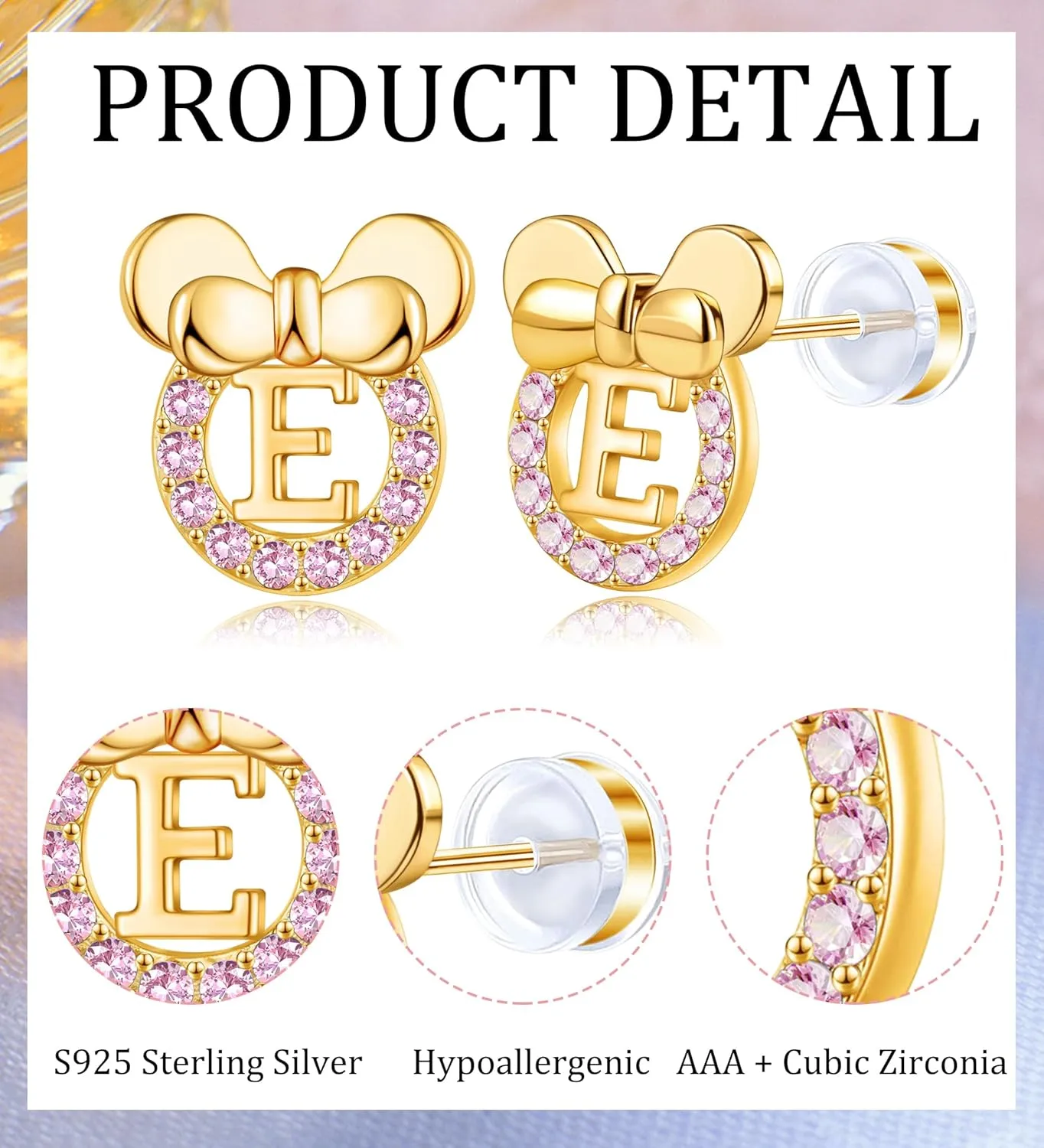 Staligue Initial Stud Earrings for Girls 925 Sterling Silver Pink Cubic Zirconia Alphabet Letter Earrings 14K Gold Plated Hypoallergenic Alphabet Initial Earrings