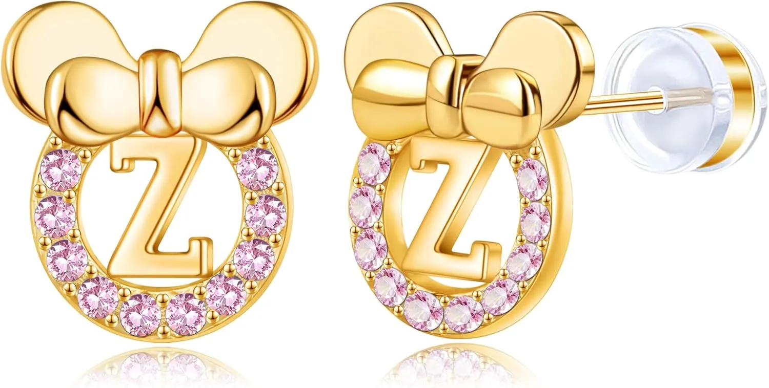 Staligue Initial Stud Earrings for Girls 925 Sterling Silver Pink Cubic Zirconia Alphabet Letter Earrings 14K Gold Plated Hypoallergenic Alphabet Initial Earrings