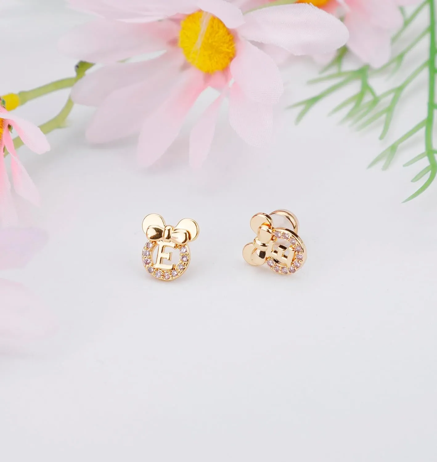 Staligue Initial Stud Earrings for Girls 925 Sterling Silver Pink Cubic Zirconia Alphabet Letter Earrings 14K Gold Plated Hypoallergenic Alphabet Initial Earrings