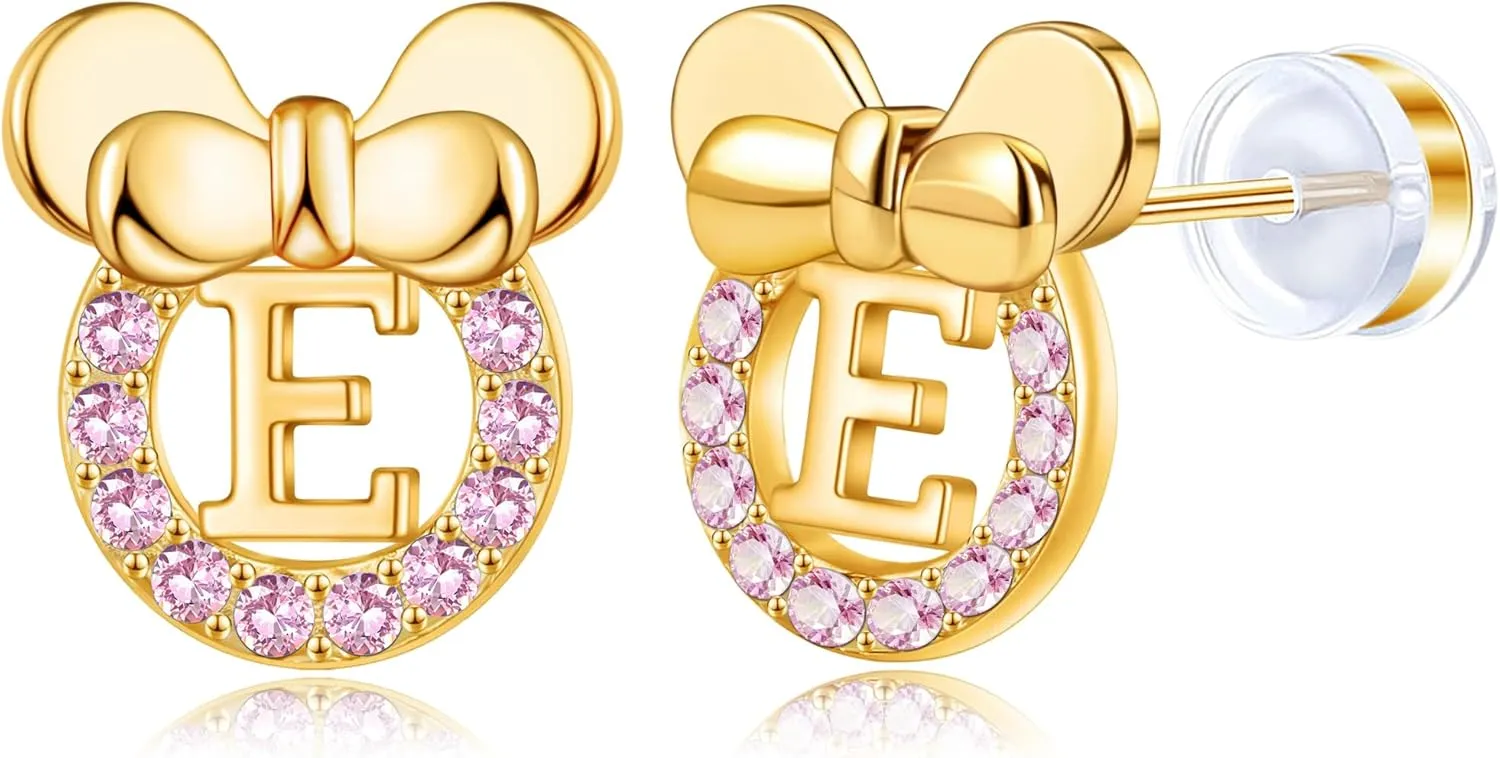 Staligue Initial Stud Earrings for Girls 925 Sterling Silver Pink Cubic Zirconia Alphabet Letter Earrings 14K Gold Plated Hypoallergenic Alphabet Initial Earrings