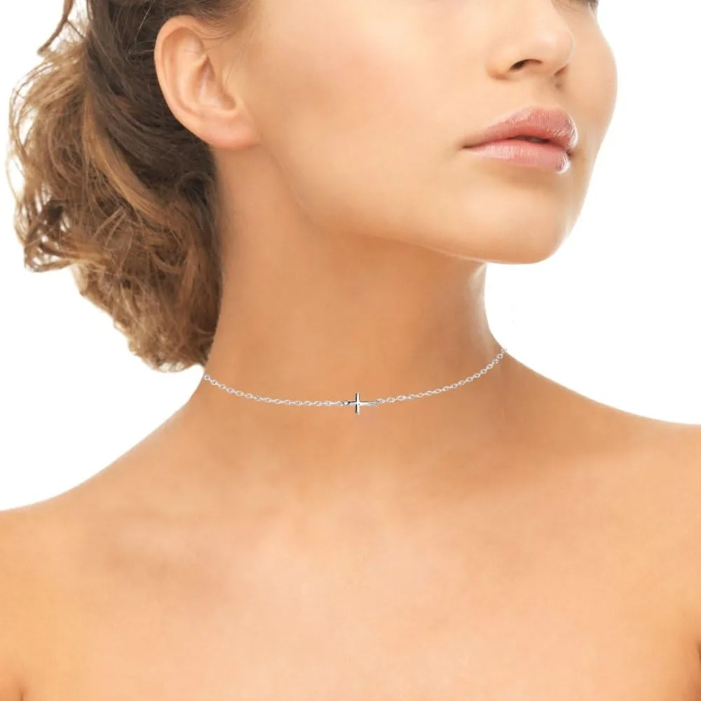 Sterling Silver & Rose Gold Layered Cross & Choker Necklaces - Dainty Gold for Women
