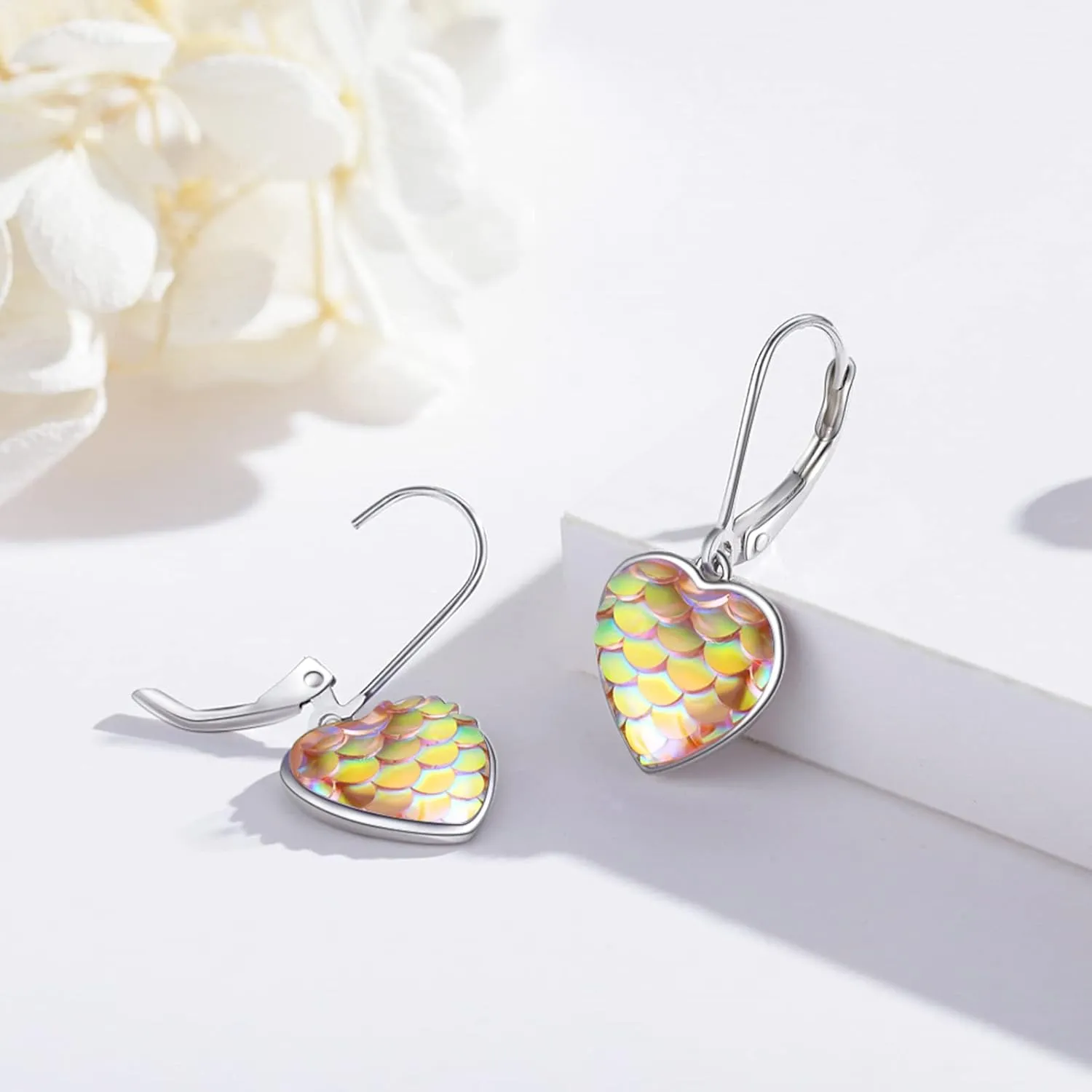 Sterling Silver Mermaid Heart Leverback Hoop Earrings - Hypoallergenic, Colorful, Mother's Day Mermaid Tail Jewelry