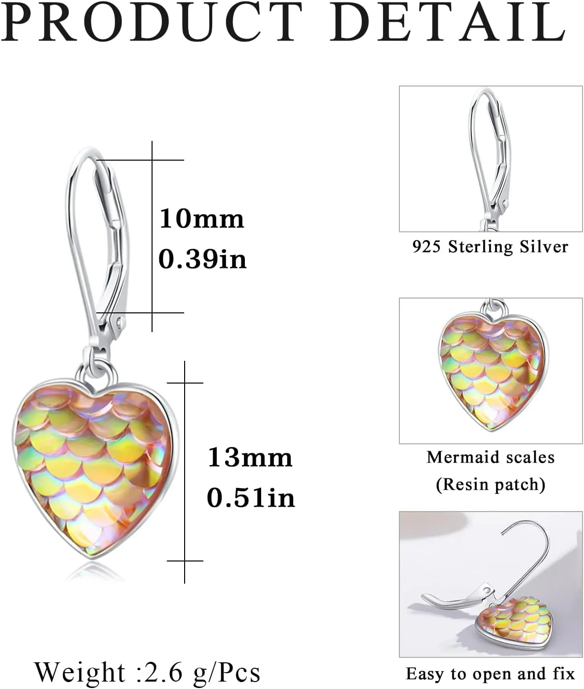Sterling Silver Mermaid Heart Leverback Hoop Earrings - Hypoallergenic, Colorful, Mother's Day Mermaid Tail Jewelry