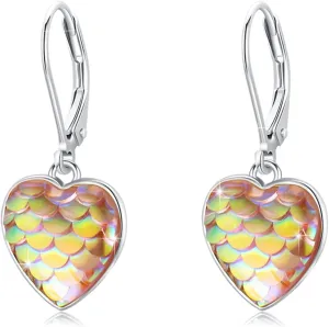 Sterling Silver Mermaid Heart Leverback Hoop Earrings - Hypoallergenic, Colorful, Mother's Day Mermaid Tail Jewelry