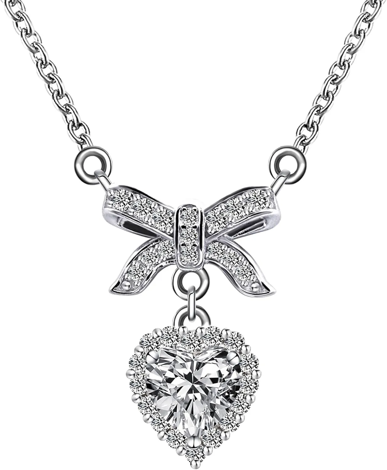 Sterling Silver Necklace for Women with Pendant DF Color VVS Clarity Lab Created Diamond Heart Moissanite Necklaces Choker Necklace with 18K White Gold Plated, 16 inch   2inch Chain