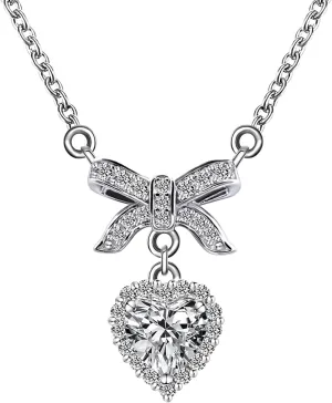 Sterling Silver Necklace for Women with Pendant DF Color VVS Clarity Lab Created Diamond Heart Moissanite Necklaces Choker Necklace with 18K White Gold Plated, 16 inch   2inch Chain