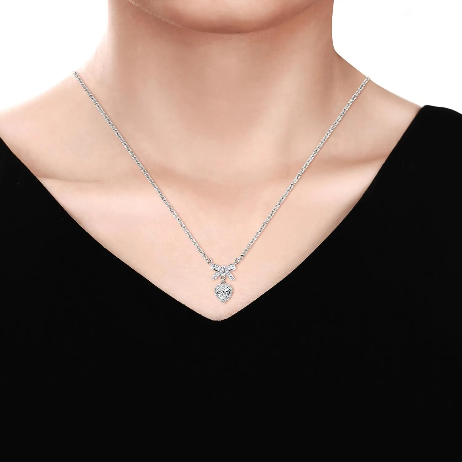 Sterling Silver Necklace for Women with Pendant DF Color VVS Clarity Lab Created Diamond Heart Moissanite Necklaces Choker Necklace with 18K White Gold Plated, 16 inch   2inch Chain